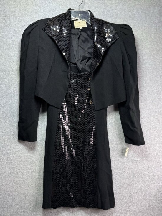 NWT Vintage 80s ALBERTO MAKALI Dress Jacket Set Size 6 Black Sequins Retro Glam